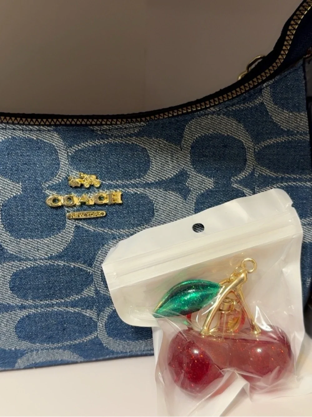 Coach Blue Denim Signature Wristlet with Red & Tan Strap